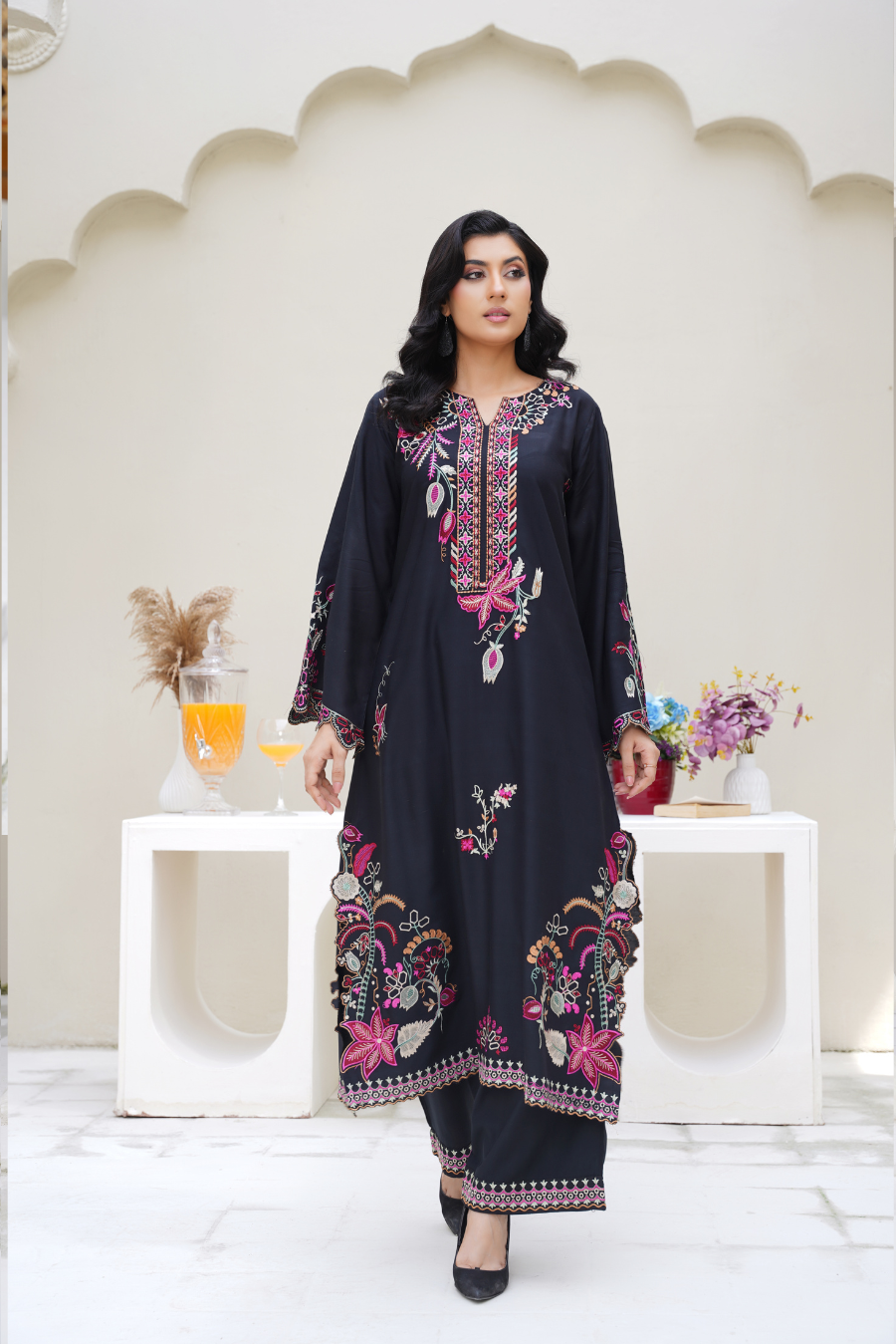 Elena – Black & Pink Embroidered Viscose 2Pc Suit