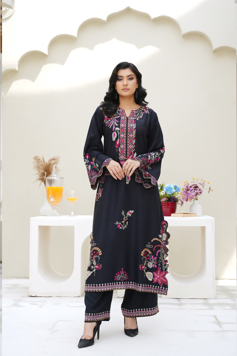 Elena – Black & Pink Embroidered Viscose 2Pc Suit